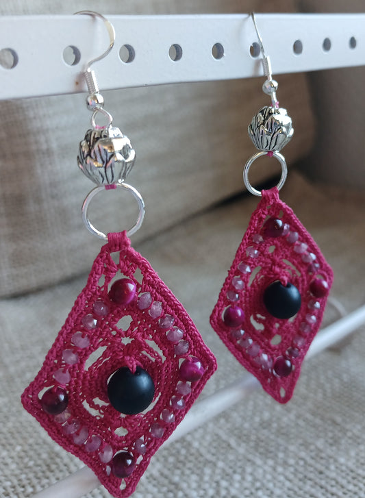 Boucles d'oreilles  Onyx, Œil de Tigre Rouge & Tourmaline Rose