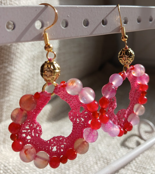 Boucles d'oreilles créoles Tourmaline rose, Agate rouge & Cornaline