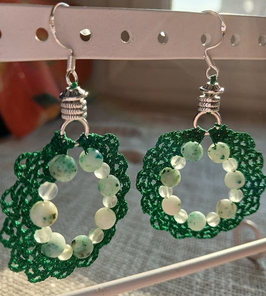 Boucles d'oreilles crochet coton vert foncé – Jaspe kiwi & Préhnite & Argent 925