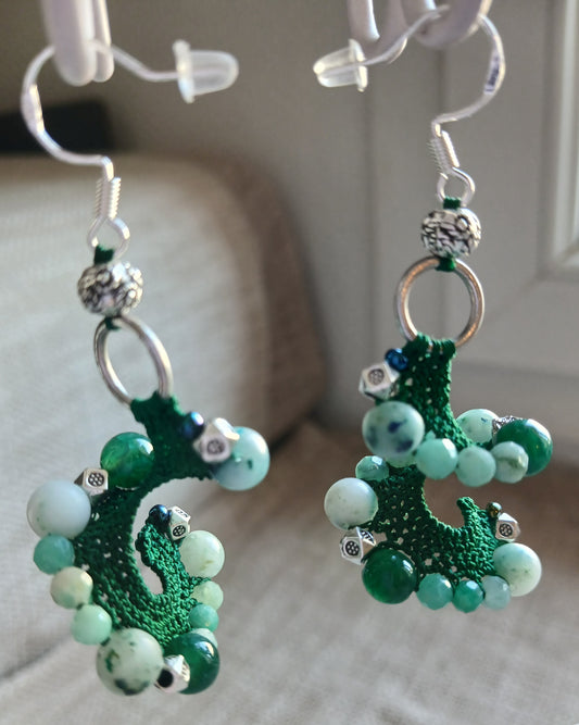 Boucles d'oreilles Jaspe kiwi, Agate veine de dragon & Émeraude