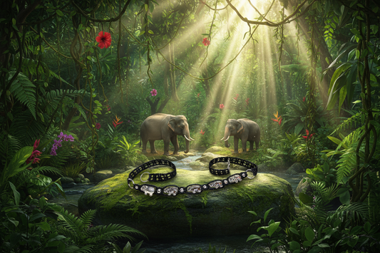 Double bracelet Eva noir éléphants - jungle avec éléphants et trouées de lumière