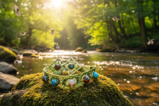 Ensemble Ann dégradé de vert perles de jaspe sea sediment - bord de rivière ensoleillé avec oiseaux et arbres