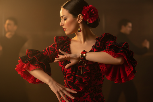 Ensemble Christiane rouge et noir avec perles de jaspe rouge - robe espagnole tango