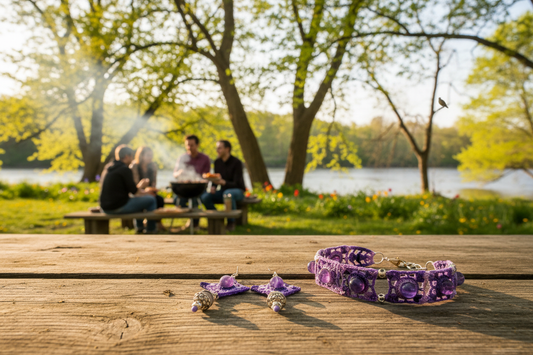 Ensemble Sandra bracelet et boucles d'oreilles violet et rose - printemps bord de rivière avec oiseaux, barbecue, arbres et lumière
