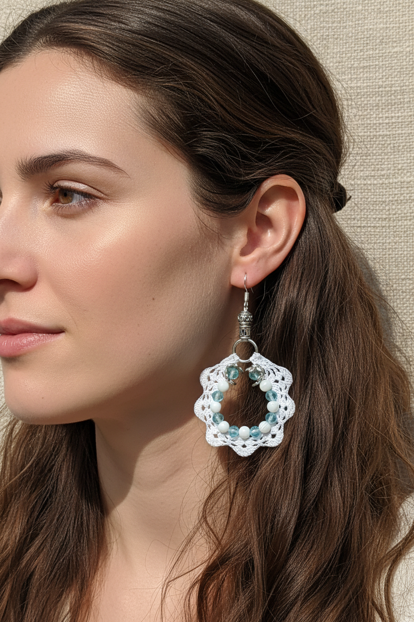 Boucles d'oreilles crochet coton blanc topaze bleue portées — vue lifestyle
