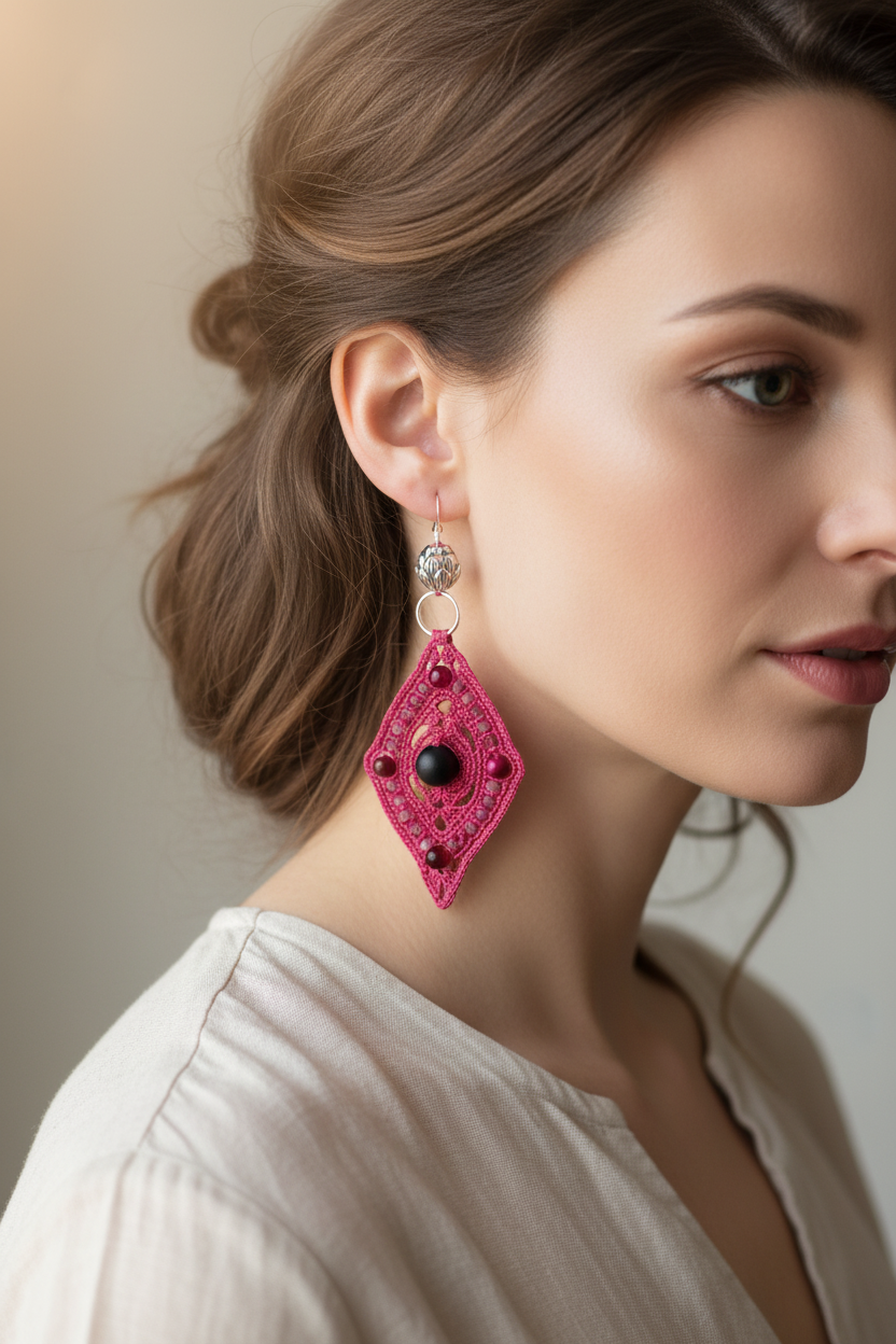 Boucles d'oreilles crochet losange rose - photo portees lifestyle crochet argent sterling