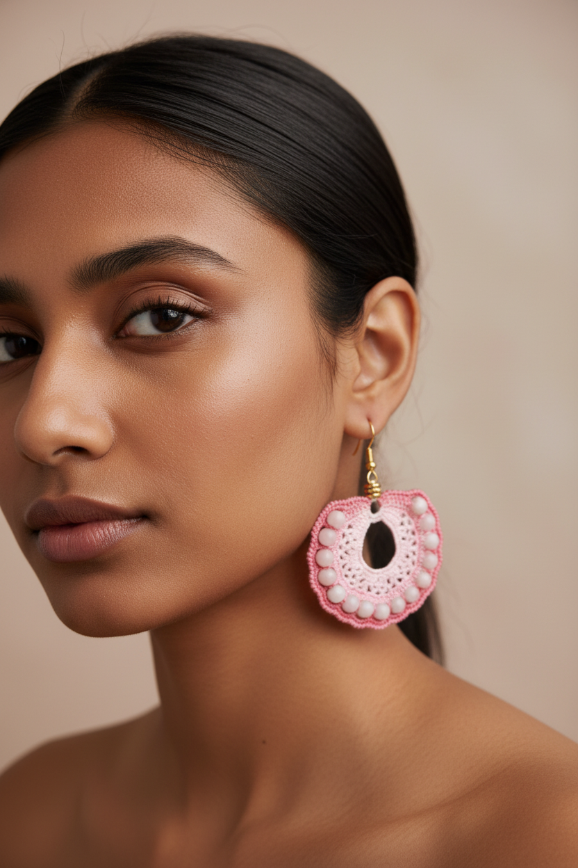 Jeune femme indienne portant les boucles artisanales en opale rose