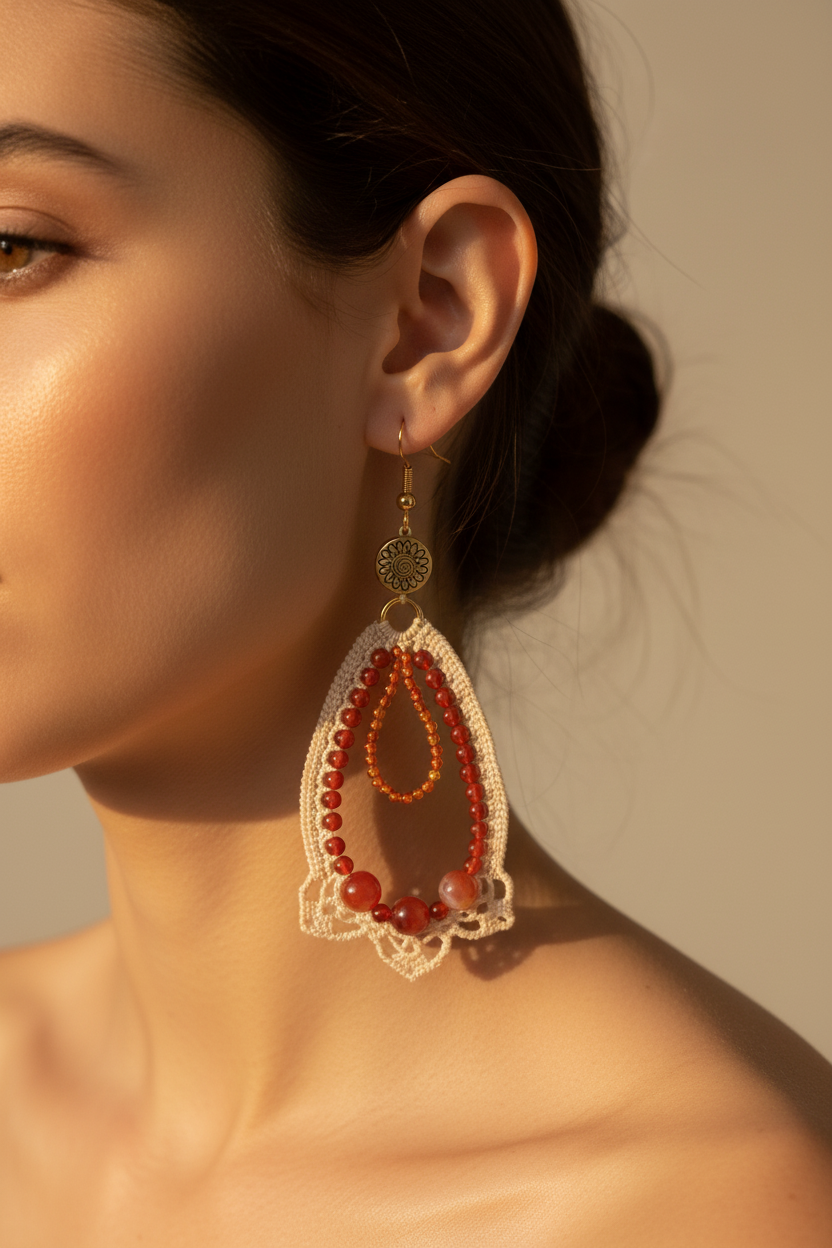 Photo portée — boucles d'oreilles crochet beige zircon cornaline agate