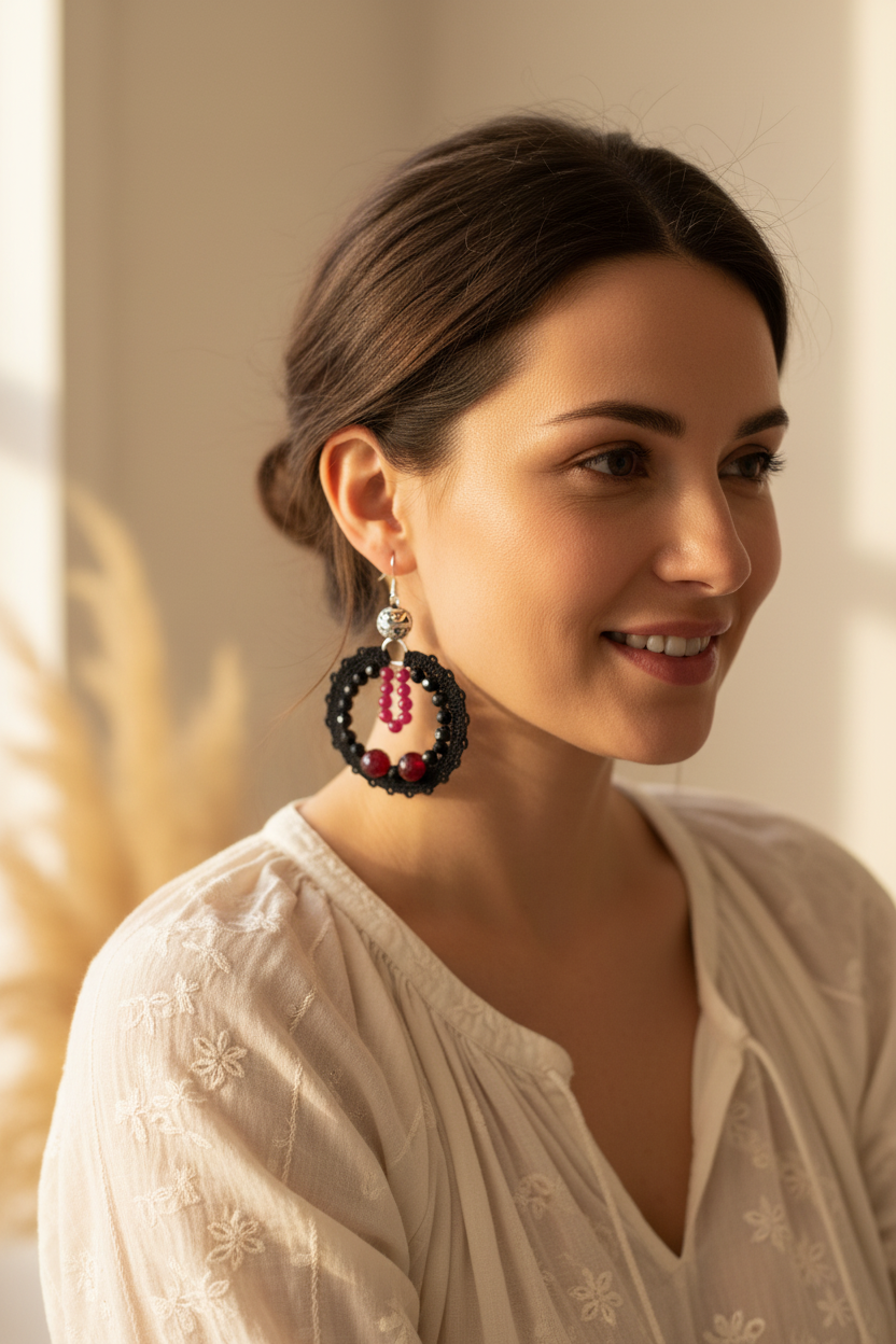 Boucles d'oreilles crochet cercle noir tourmaline rubis - photo portees lifestyle taille reelle