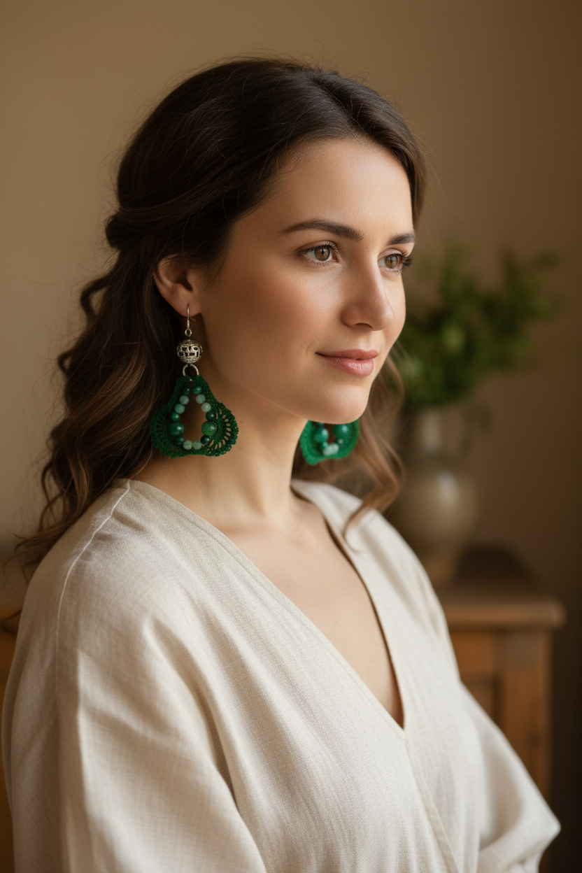 Boucles d'oreilles crochet éventail vert – photo portées lifestyle