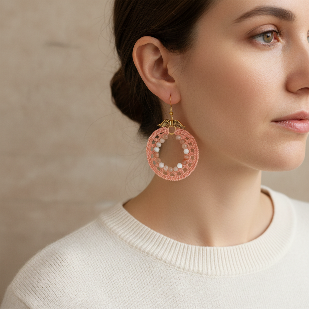 Femme portant des boucles d’oreilles artisanales orangées en pierre de lune rose, pierre de soleil et nacre
