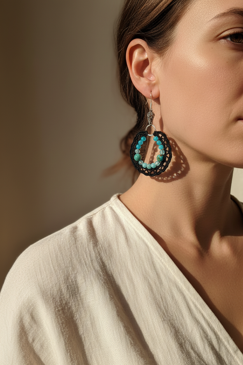Photo portée d’une boucle d’oreille artisanale en coton noir avec perles d’amazonite, topaze et opale bleues, crochet en argent sterling