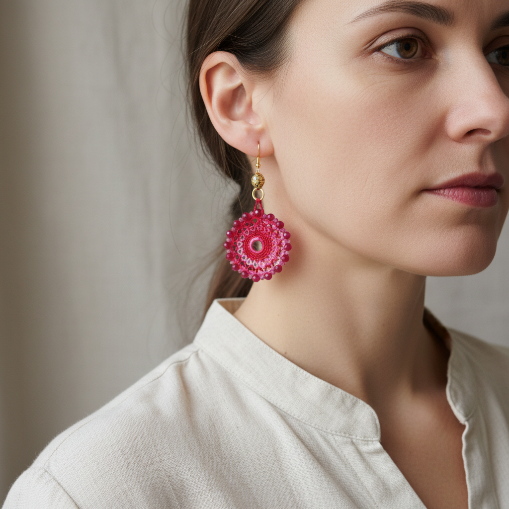 Femme portant des boucles d’oreilles artisanales rouges en rubis et tourmaline rose facettés