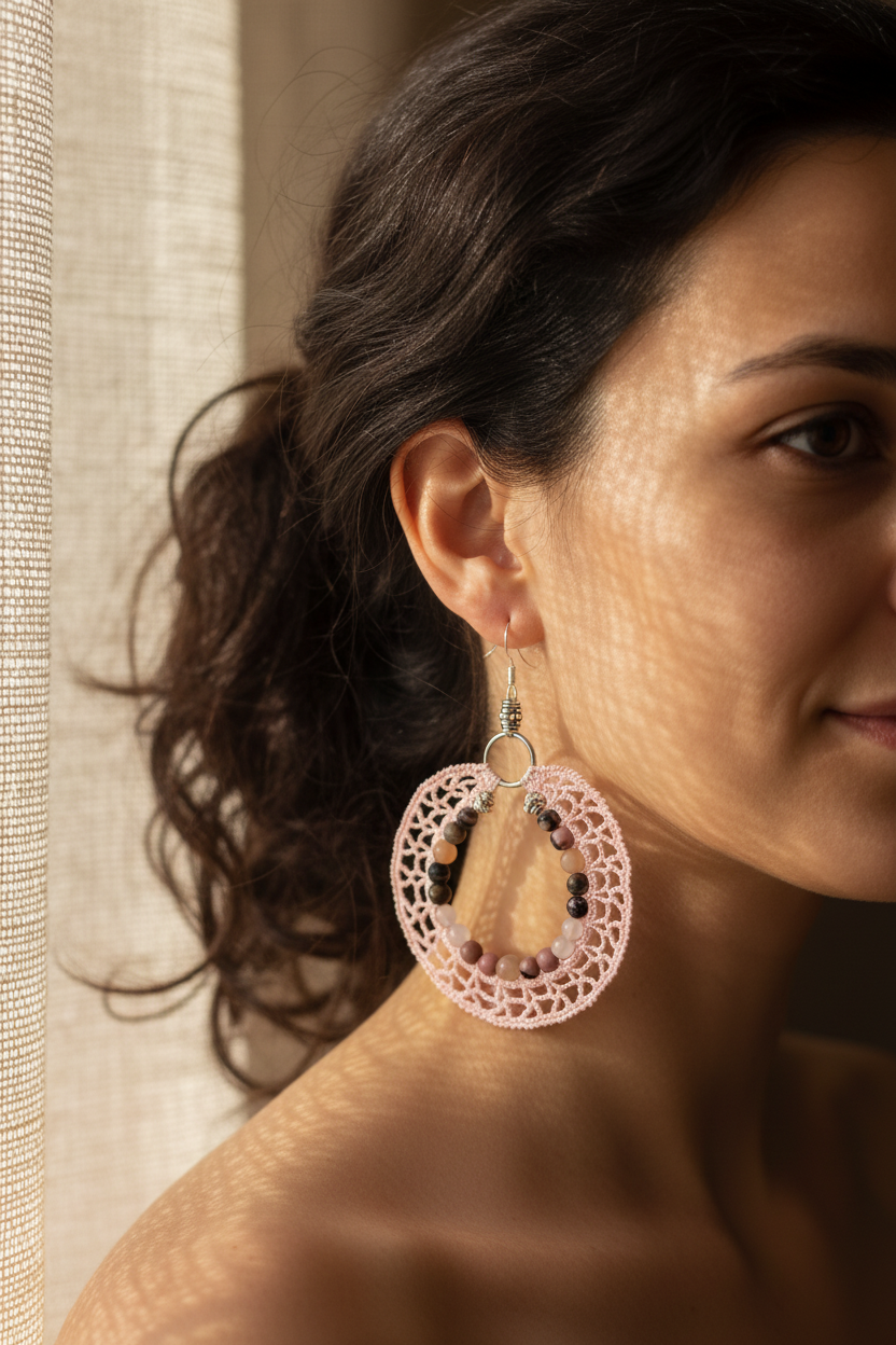 Boucles d'oreilles créoles crochet rose pâle portées