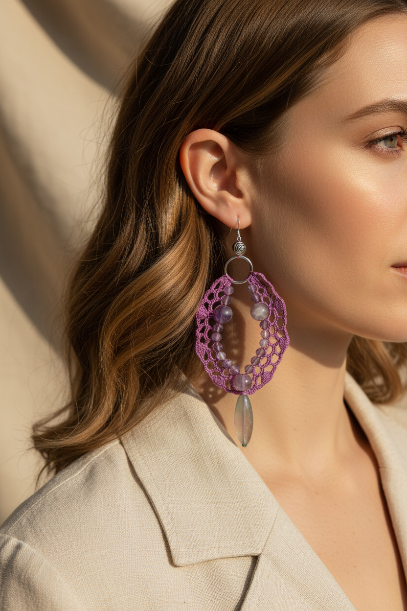 Photo portée — boucles d'oreilles crochet violet améthyste et fluorine