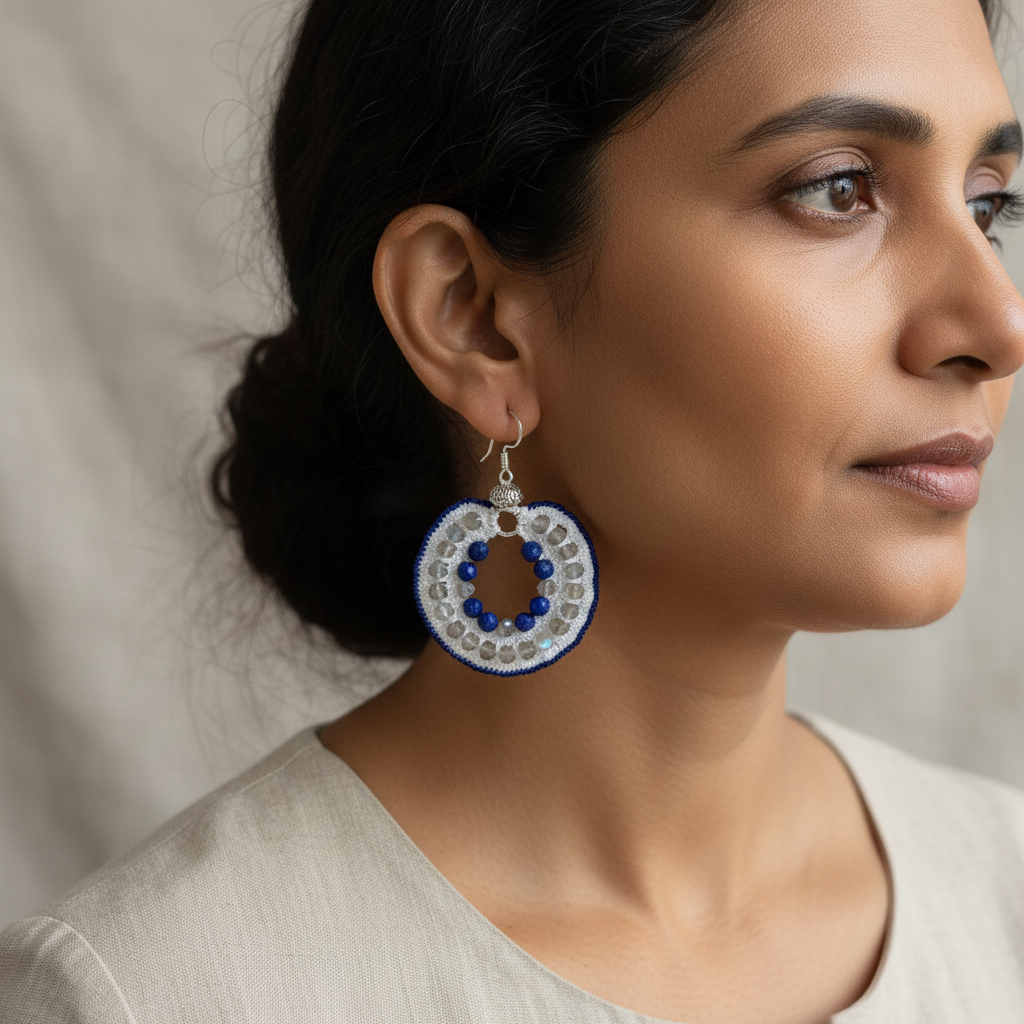 Femme indienne portant des boucles d’oreilles artisanales en lapis-lazuli et labradorite