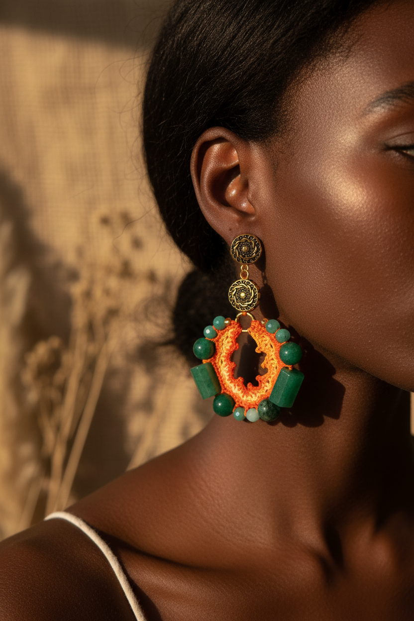 Boucles d'oreilles créoles crochet dégradé orange et émeraudes portées par une femme