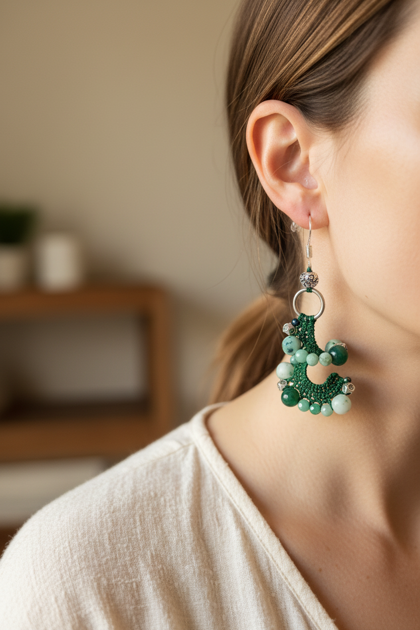 Photo portée — boucles d'oreilles crochet vert foncé jaspe kiwi agate émeraude